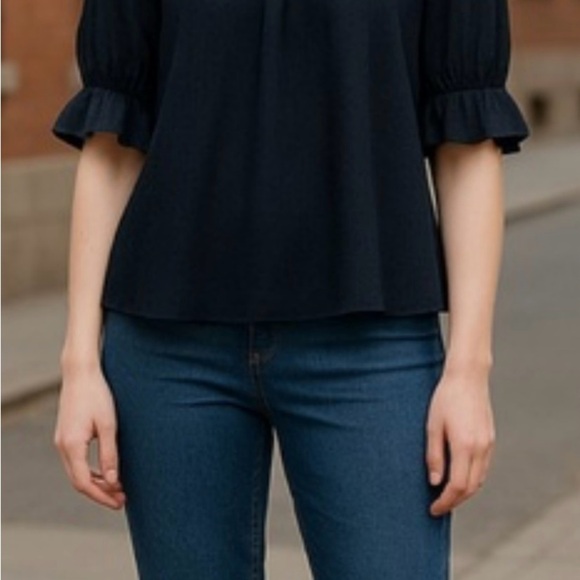 Madewell Mock Neck Black Ruffle Blouse With Polka Dot Accents - Picture 1 of 5